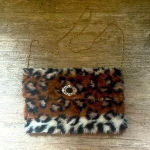 Fur Leopard Clutch with Detachable Chain